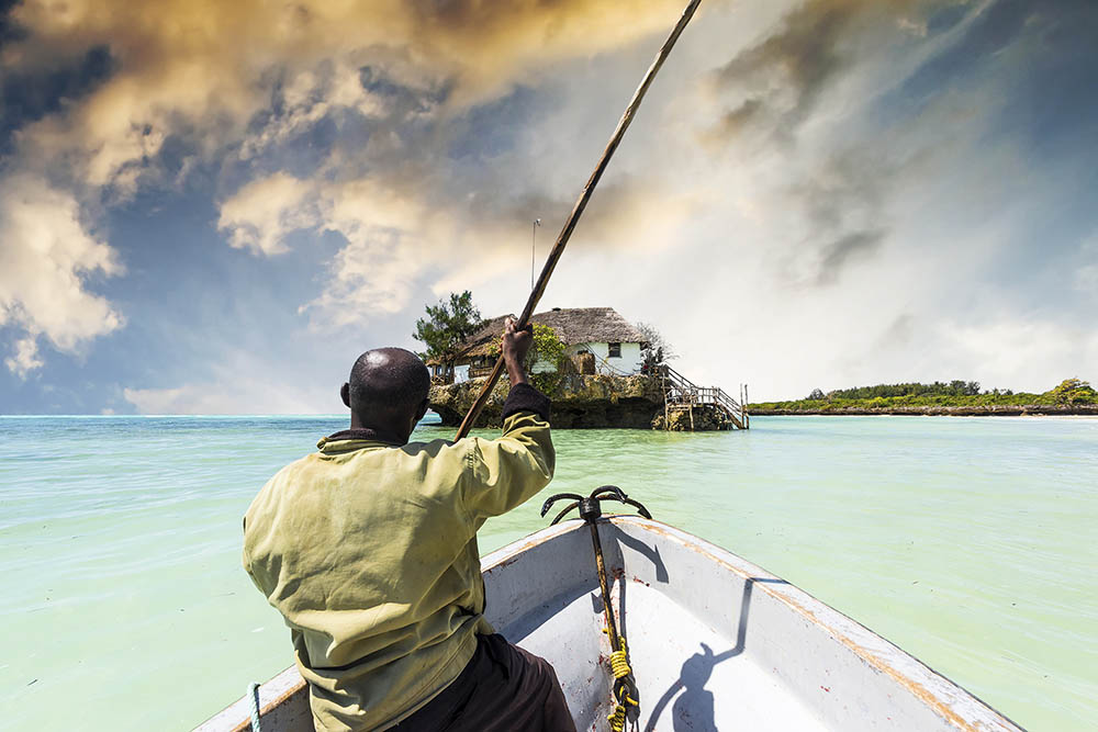 Boat going to the Rock restaurant off Zanzibar