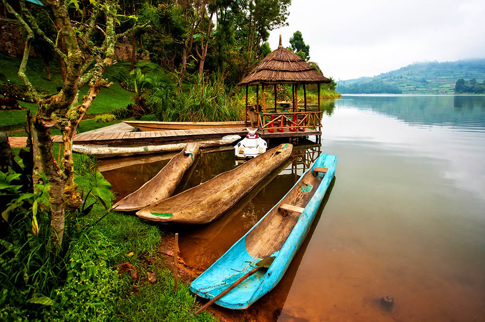 Traditional boats at Lake Bunyonyi in Uganda