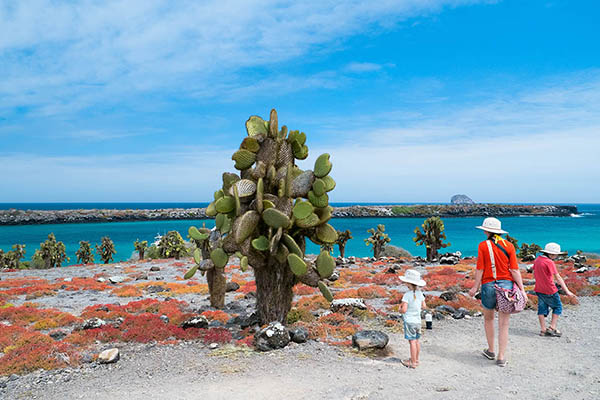 Family hiking in the Galapagos Islands