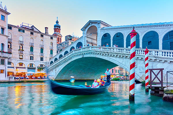 Gondola ride under Rialto Bridge, Venice