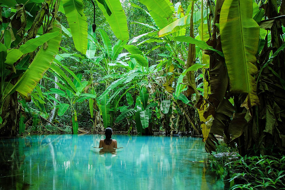 A girl stands in a natural pool surrounded by banana tree's leaves in a forest in Brazil