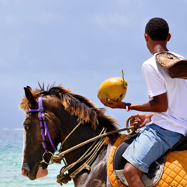 Man riding along a beach holding a coconut