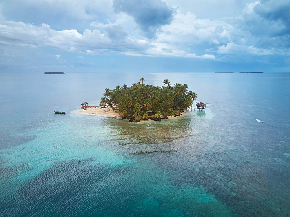 Small private island aerial drone view in Nicaragua