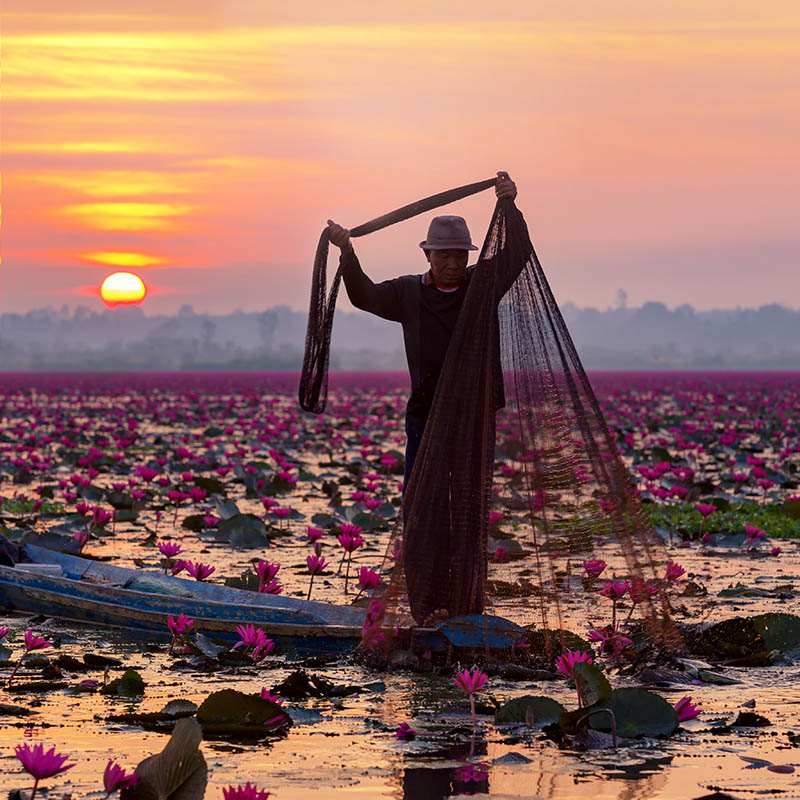 Fisherman working on the boat in lake for catching fish in sunrise, Cambodia