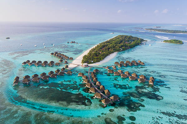 Aerial view of a resort in the Maldives