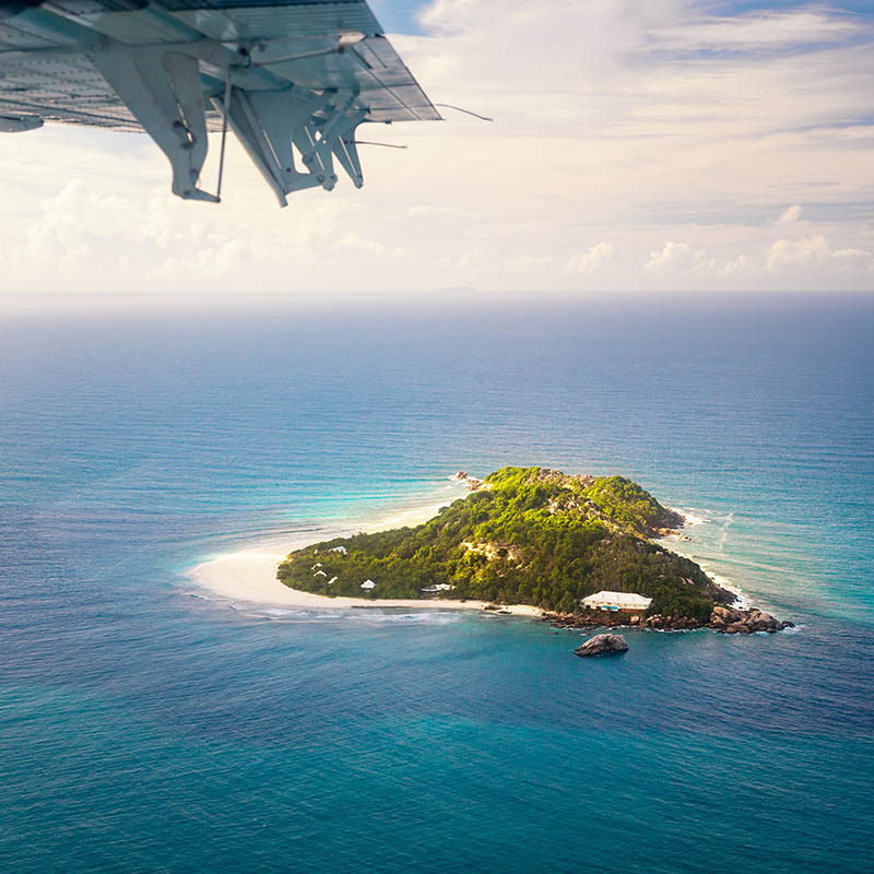 Aerial view of a small island in the Seychelles