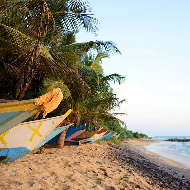 Boats on a beach at sunset, Mirissa, Sri Lanka