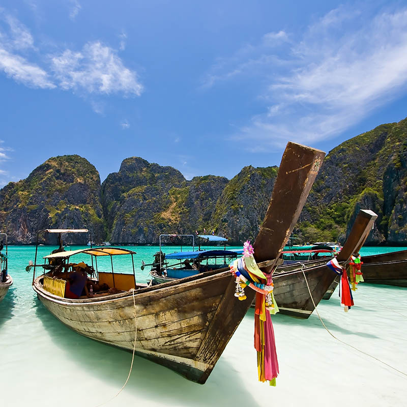 Long Tail Boat at Maya bay, Phi Phi Island , Phuket Thailand