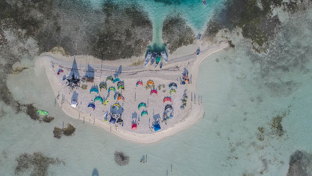 Aerial view of kitesurfers in Venezuela's Los Roques islands