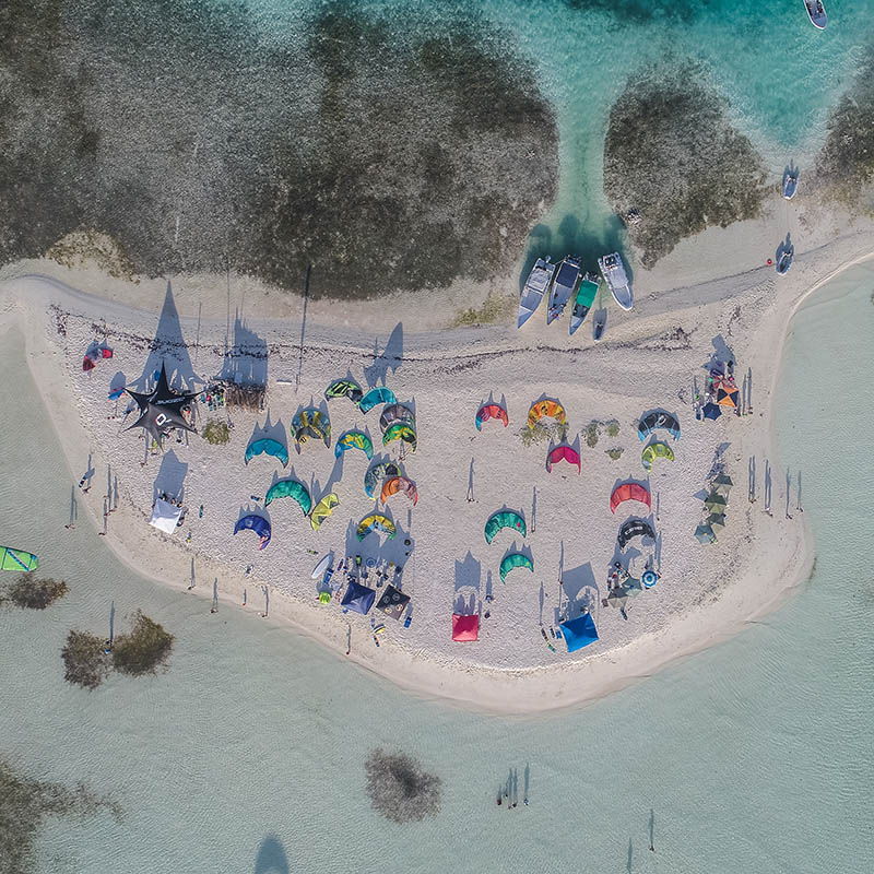 Aerial view of kitesurfers in Venezuela's Los Roques islands