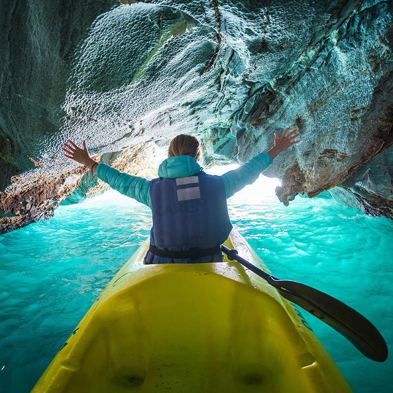 Kayaking inside the Marble Cave on the lake of General Carrera, Chile