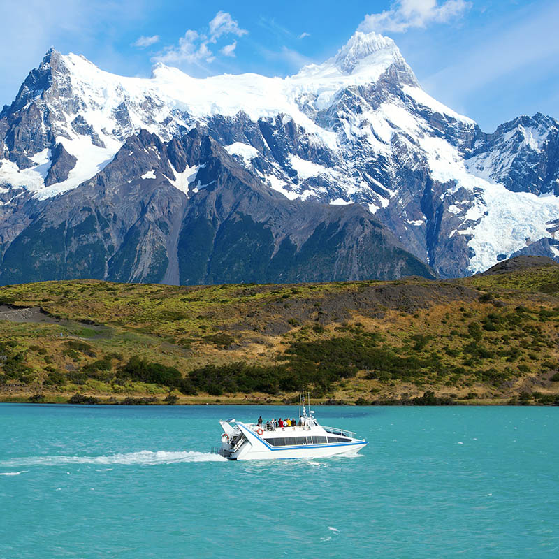 Scenic view of Pehoe lake and Salto Grande waterfall in Torres del Paine national park of Chile