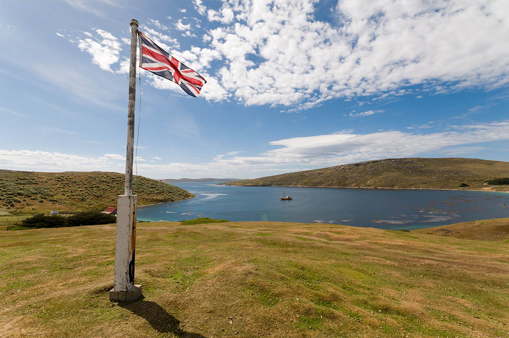 A British flag flying over the Falkland Islands