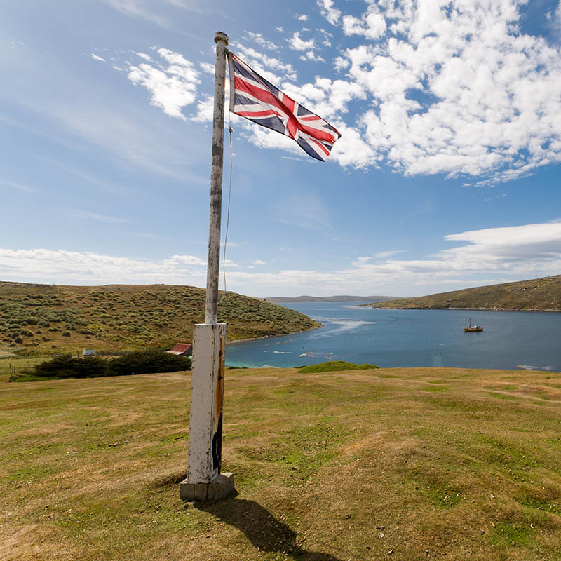 A British flag flying over the Falkland Islands