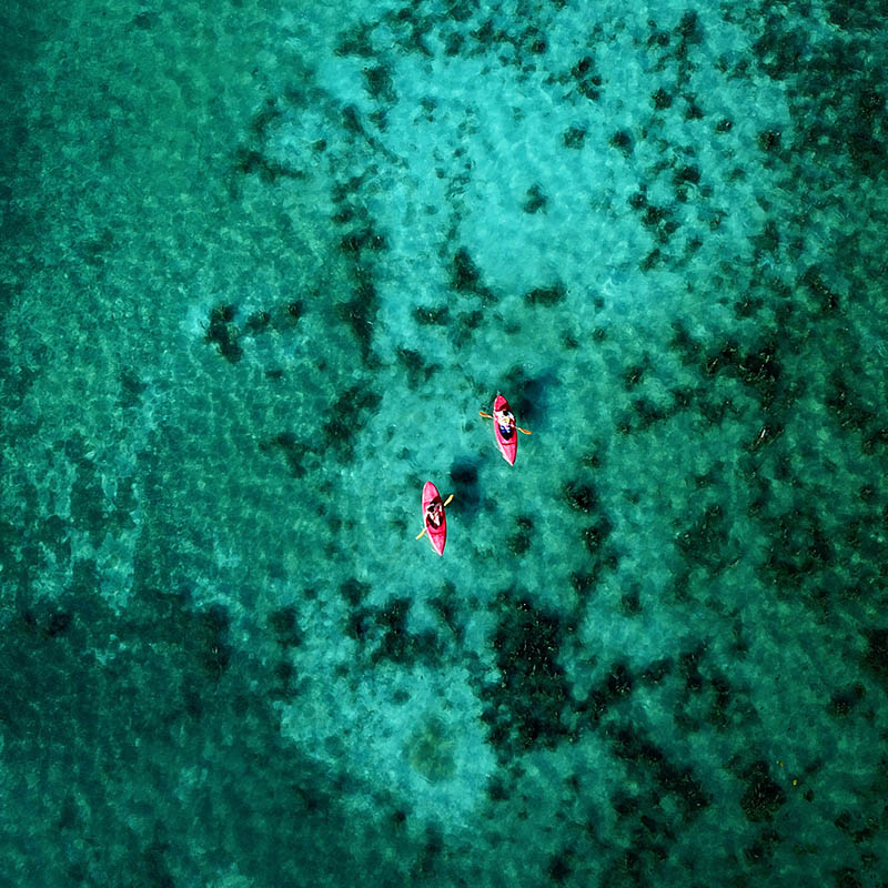 Two pink kayaks on a turquoise ocean