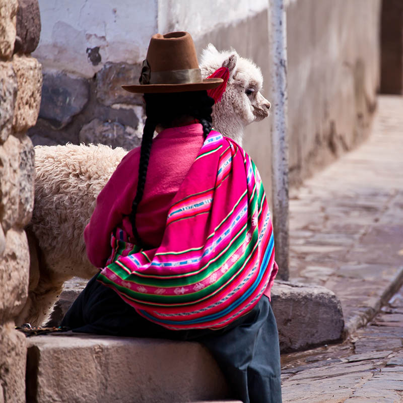 Woman in traditional clothes with lama sitting on stone in Cuzco - Peru