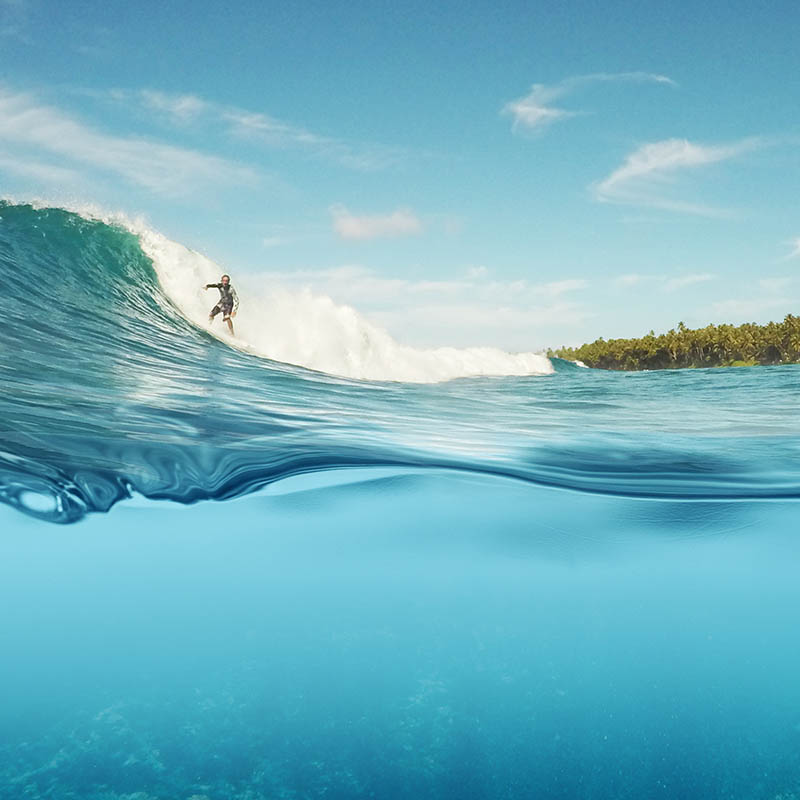 Half underwater shot of surfer surfing a reef break wave 