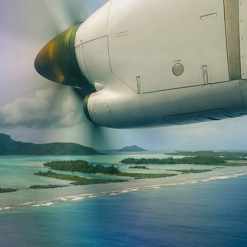 Panoramic view of French Polynesia from an airplane