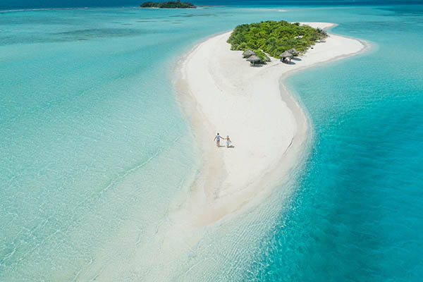 Aerial view of a wedding couple in the Maldives