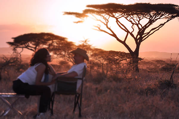 Newly married couple sitting by an Acacia tree in Africa