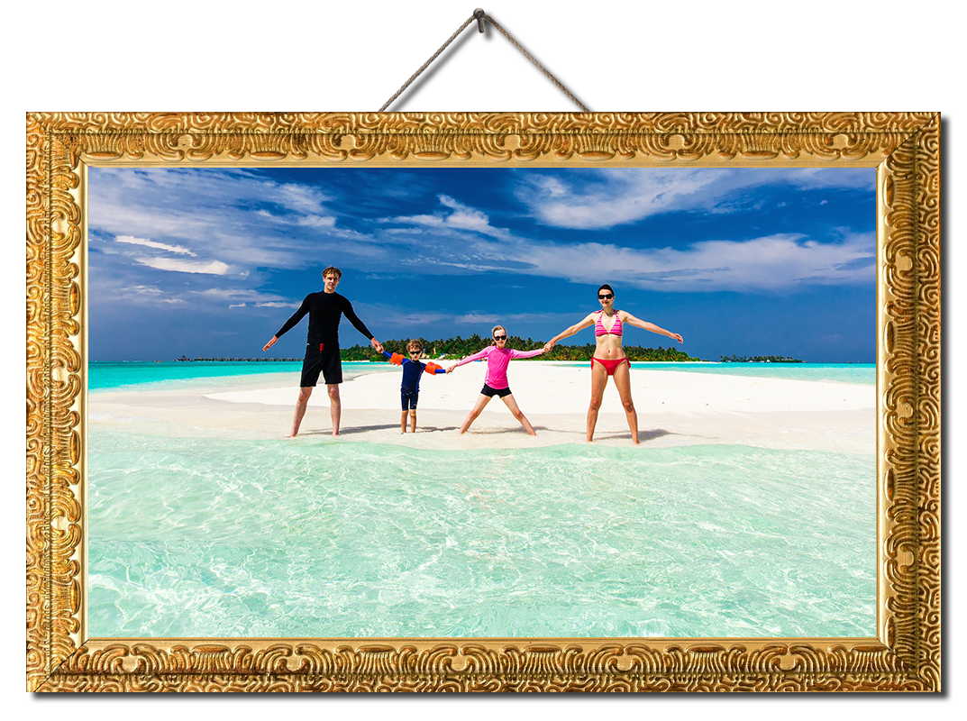 Happy family standing on a tropical sandy beach holding hands in the Maldives