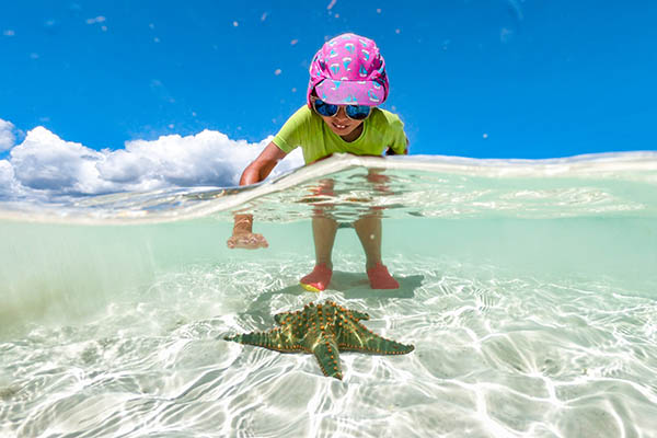 Young Girl Enjoying Finding a Starfish in the Sea