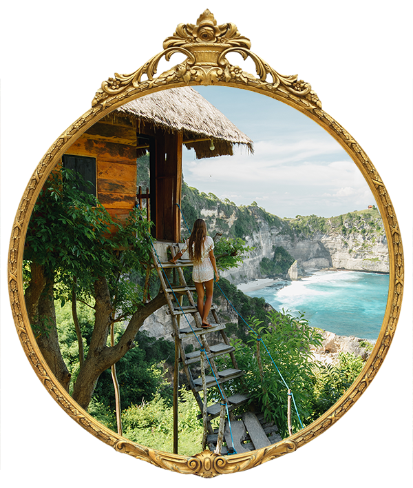 girl on steps of traditional house on tree, Atun beach, Nusa Penida island, Indonesia