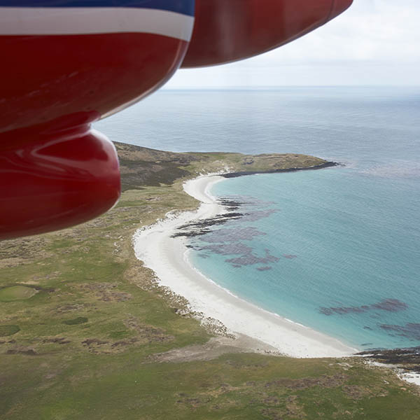 Flying over the beautiful white sandy beaches and clear blue waters of the Falkland Islands