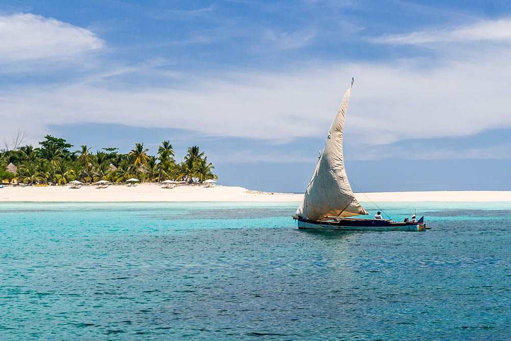 Traditional fishing boat off Nosy Iranja, Madagascar