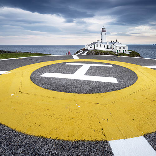 Ground view of a helicopter planding pad at Fanad Head Lighthouse on the North Coast of Donegal, Ireland