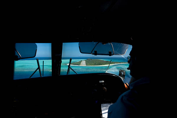 View from cockpit in private plane going in for landing on private island in Palawan, Philippines