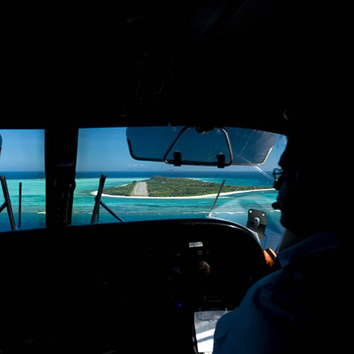 View fron cockpit in private plane going in for landing on private island in Palawan, Philippines