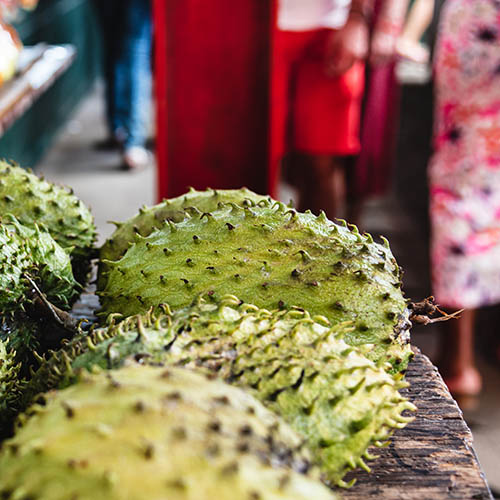 Large soursop fruit in a Sir Selwyn Selwyn-Clarke Market. Victoria Market, Seychelles