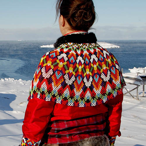 Two women wearing traditional Greenlandic national costume in Greenland