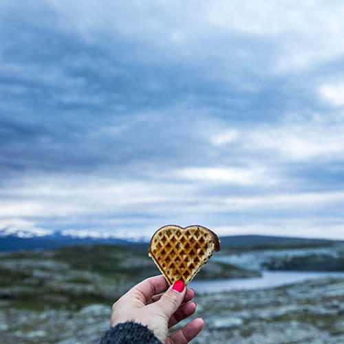 Hand holding a waffle at Finnmarksvidda in Norway