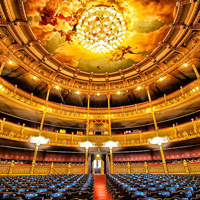 Interior view with bright lights of empty National Theatre Teatro Nacional de Costa Rica, San Jose Costa Rica