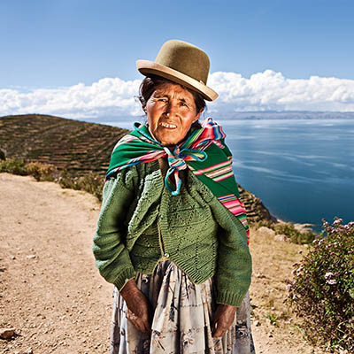 Traditionally dressed senior woman on Isla del Sol, Lake Titicaca, Bolivia