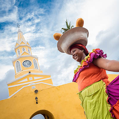 Palenquera woman selling fruit in Cartagena, Colombia