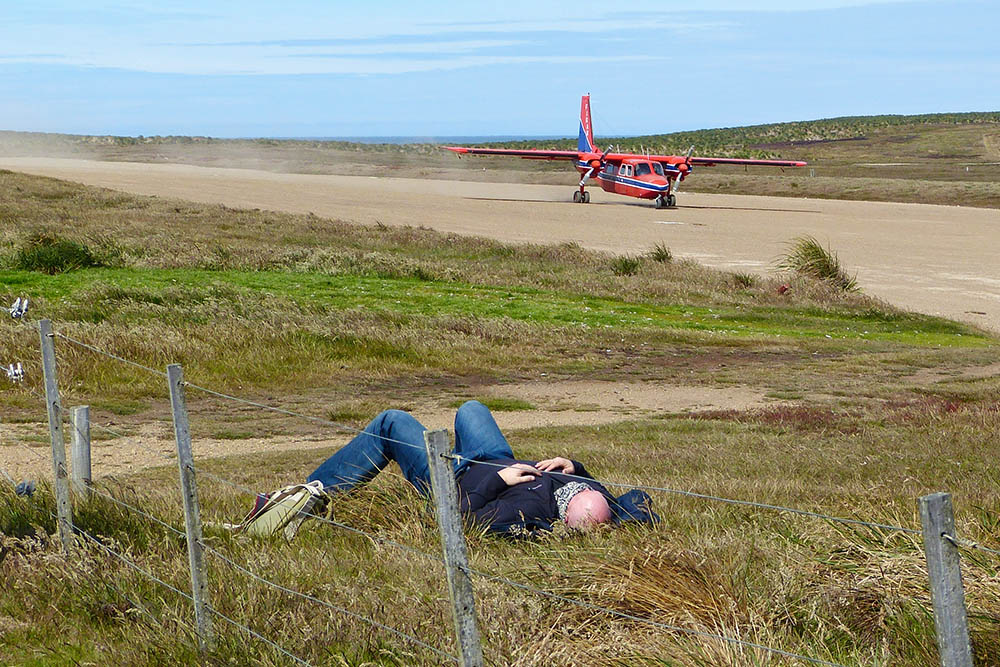 Waiting for the flight from Sea Lion Island airstrip back to Stanley as the Islander aircraft lands