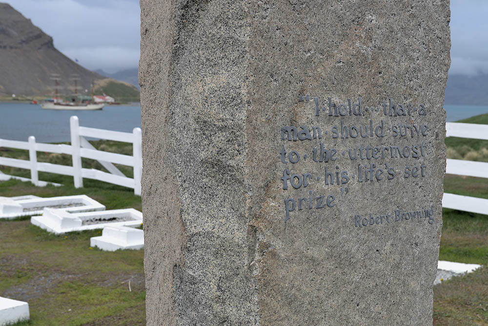 Grave of Antarctic explorer Sir Ernest Shackleton buried in the cemetery at Grytviken on South Georgia