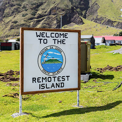 Welcome to the Remotest Island signpost in the centre of Edinburgh of the Seven Seas town, Tristan da Cunha