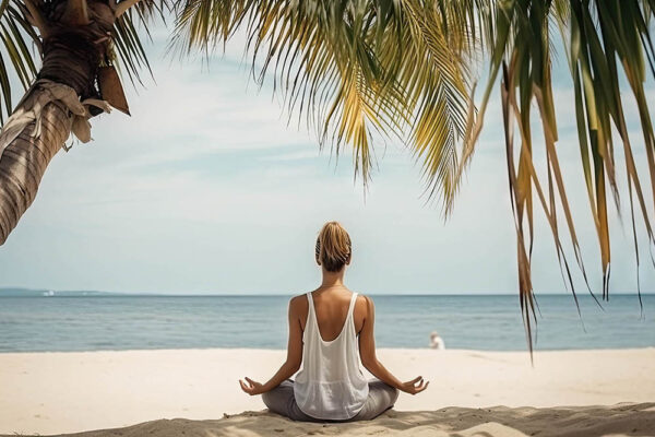 view beautiful woman meditating under a palm tree on the beach