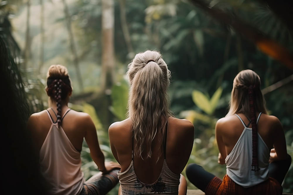 Back view of three young women in lotus yoga position against a tropical background