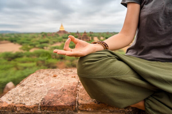 Meditating at sunset in Bagan, Myanmar