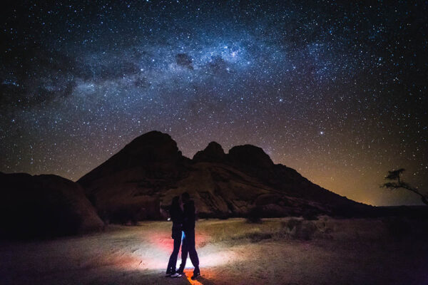 Silhouette of a couple at night against a landscape with the Milky Way in Namibia