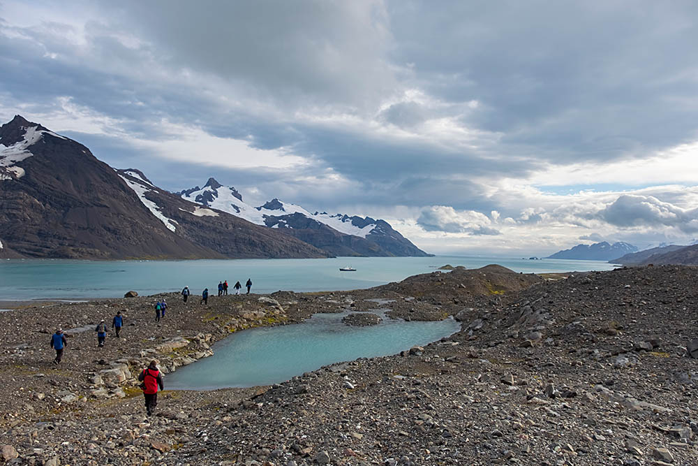 Hiking along Ernest Shackleton's Route in King Haakon Bay, South Georgia, Antarctic 